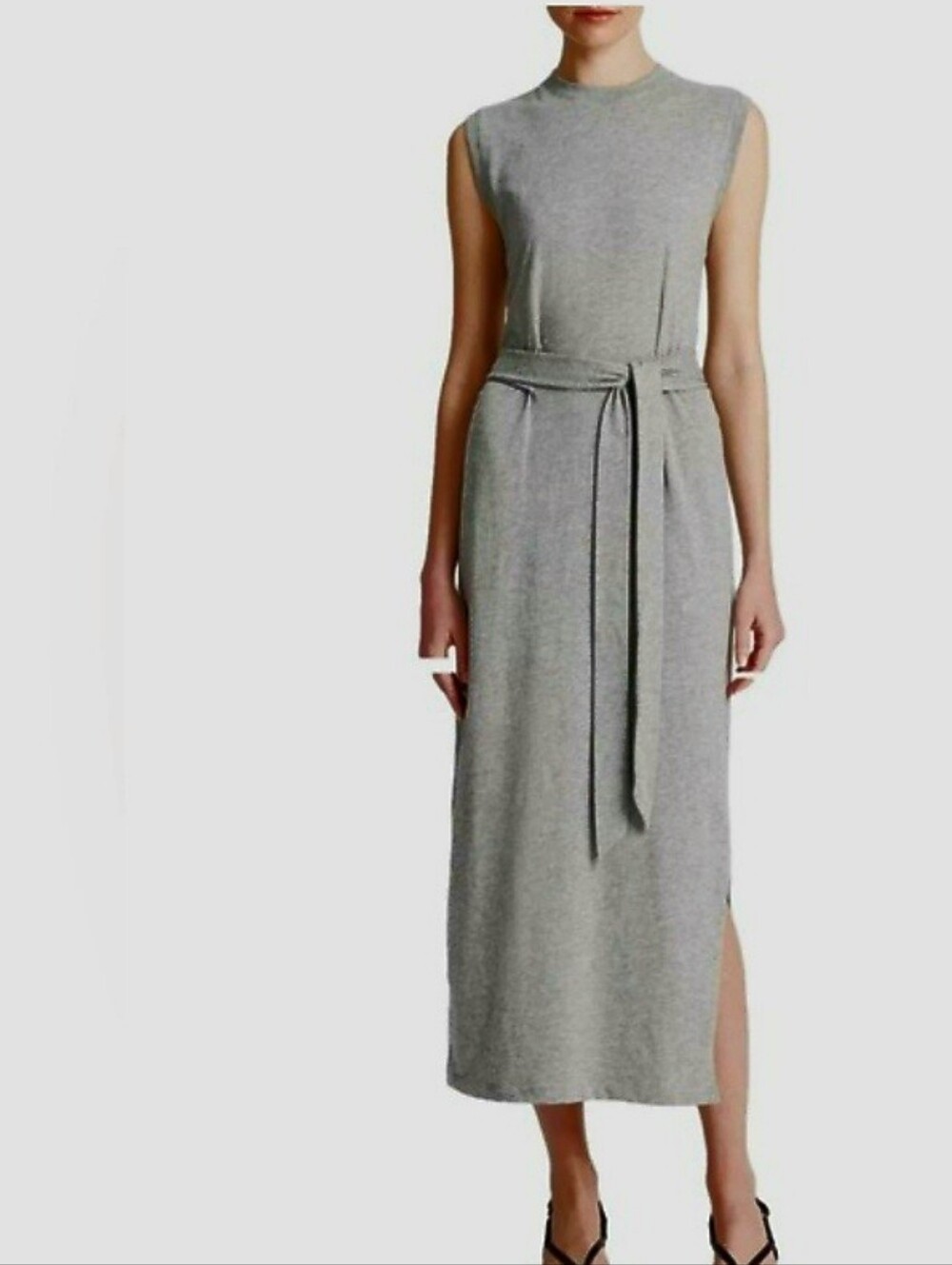 BANANA REPUBLIC Light Heather Gray Sleeveless Belted Midi Dress - Medium Tall
